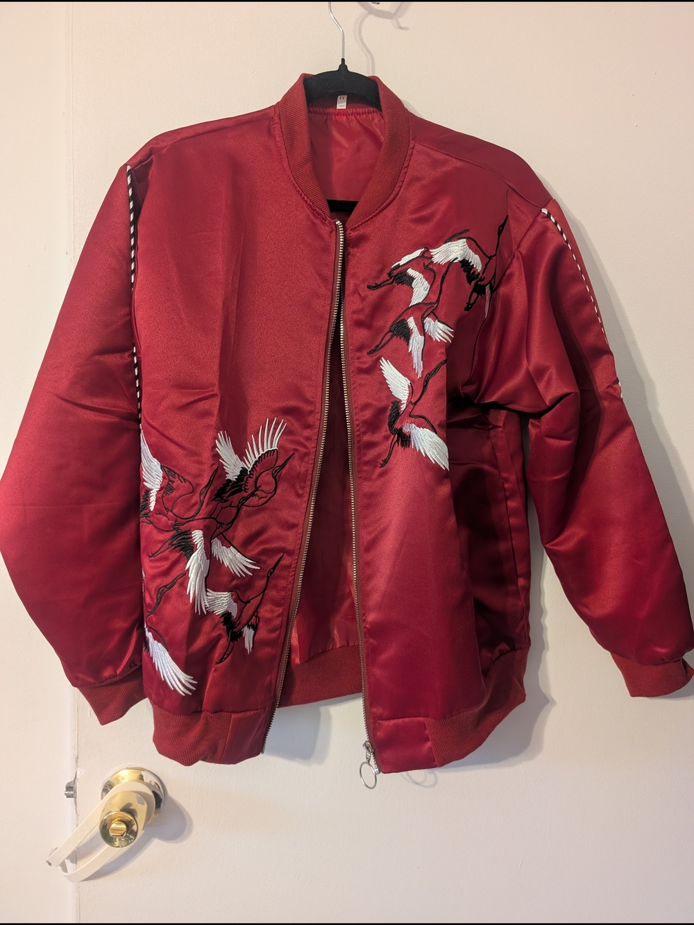 Red Satin Bomber Jacket with White Crane Embroidery